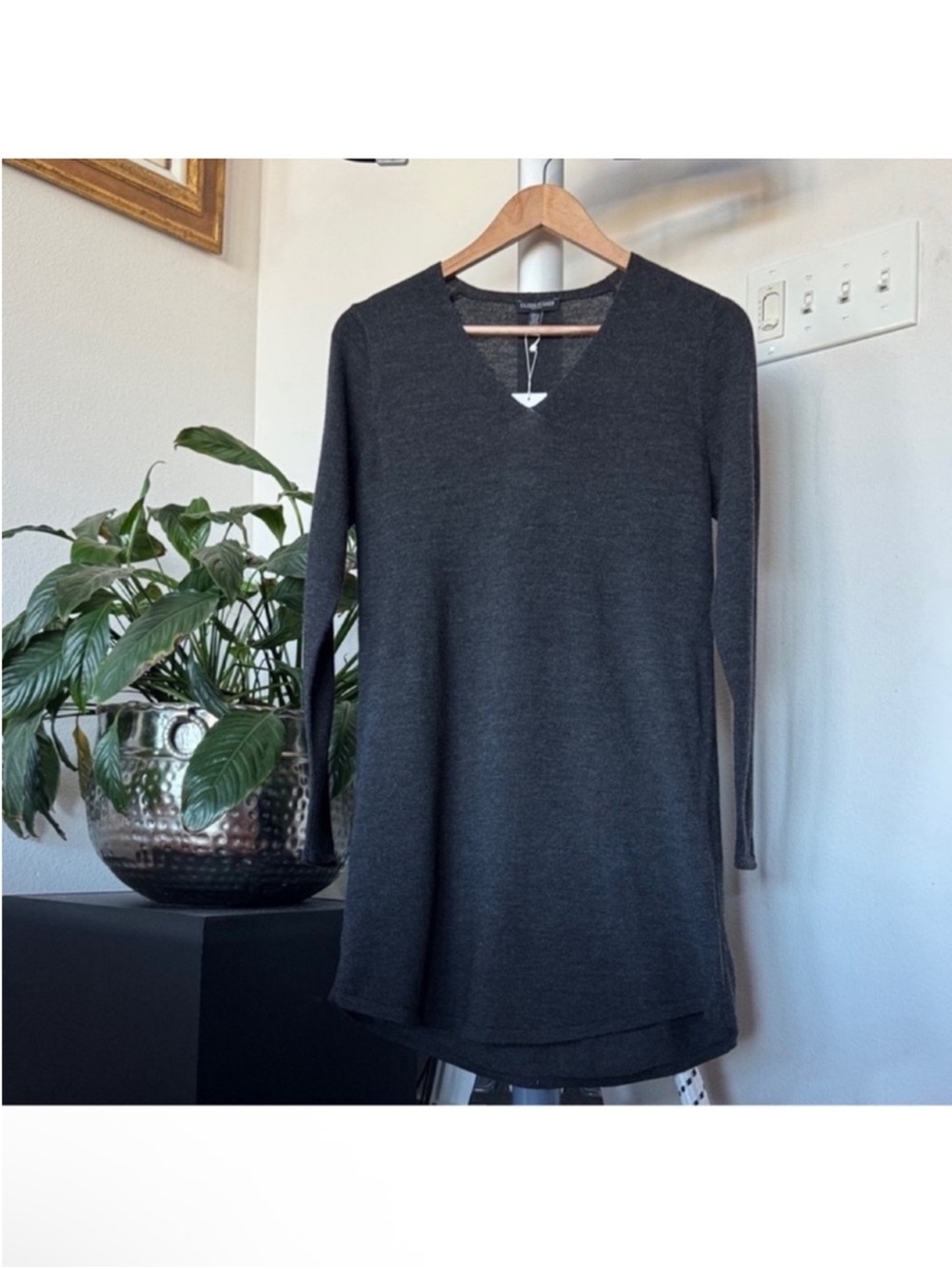 Eileen Fisher Merino Wool Knit Tunic Sweater Sz S petite Gray Lagenlook New